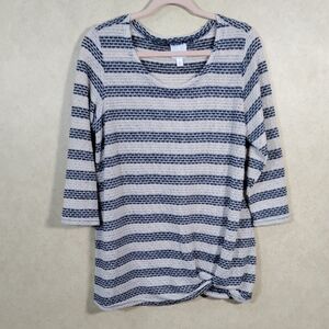 10183 Sunday navy & tan textured striped twist front 3/4 sleeve blouse XL